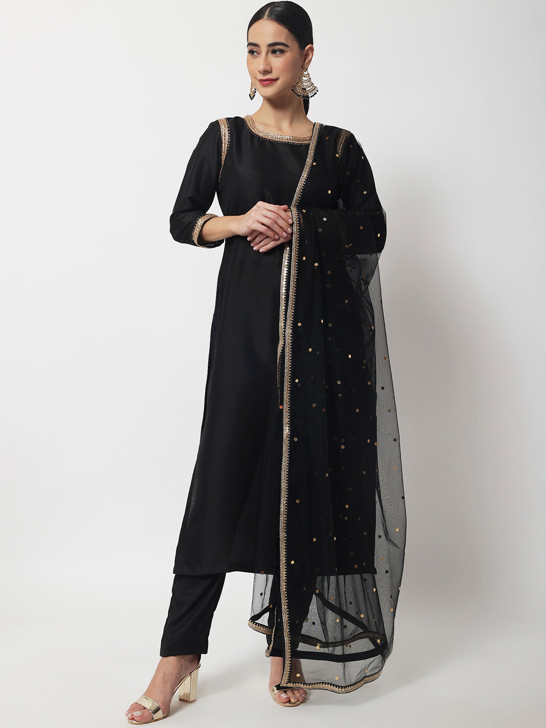 Women's Stunning Black Kurti With Straight Pants And Net Dupatta