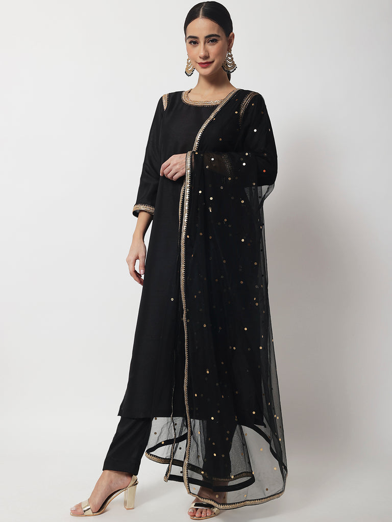 Women's Stunning Black Kurti With Straight Pants And Net Dupatta