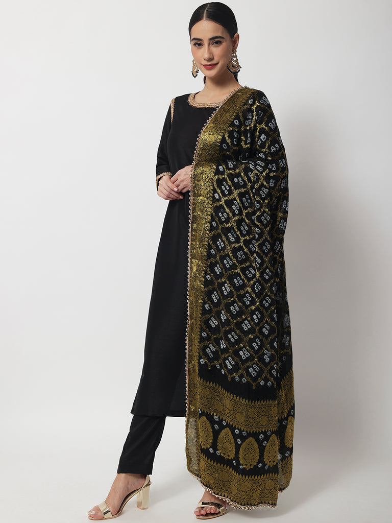Women's Stunning Black Kurti With Straight Pants And Banarasi Bhandej Dupatta