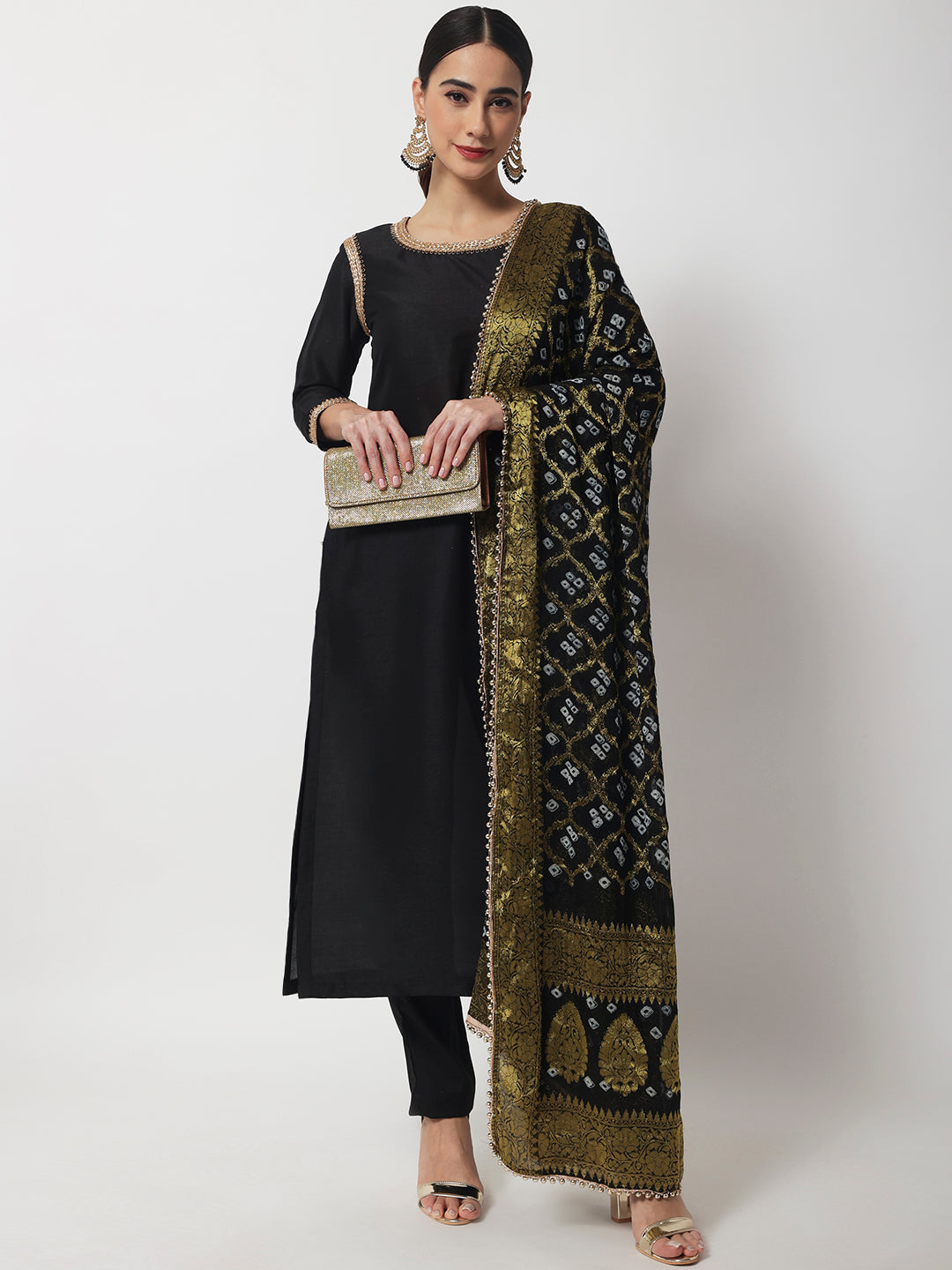Women's Stunning Black Kurti With Straight Pants And Banarasi Bhandej Dupatta