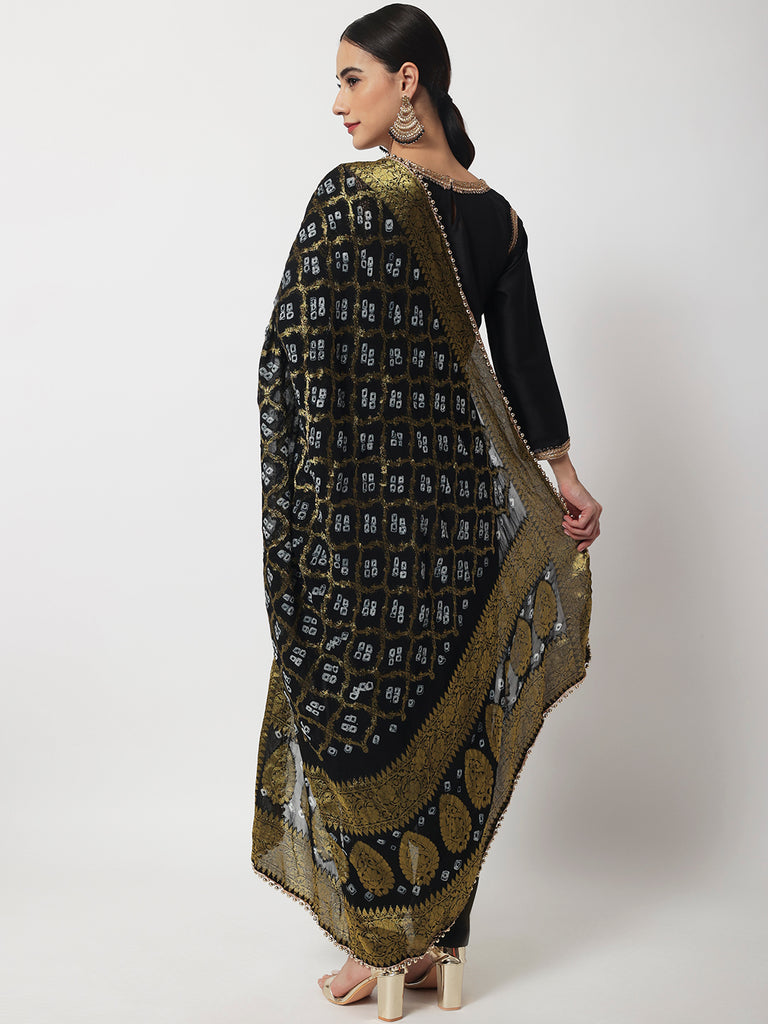 Women's Stunning Black Kurti With Straight Pants And Banarasi Bhandej Dupatta