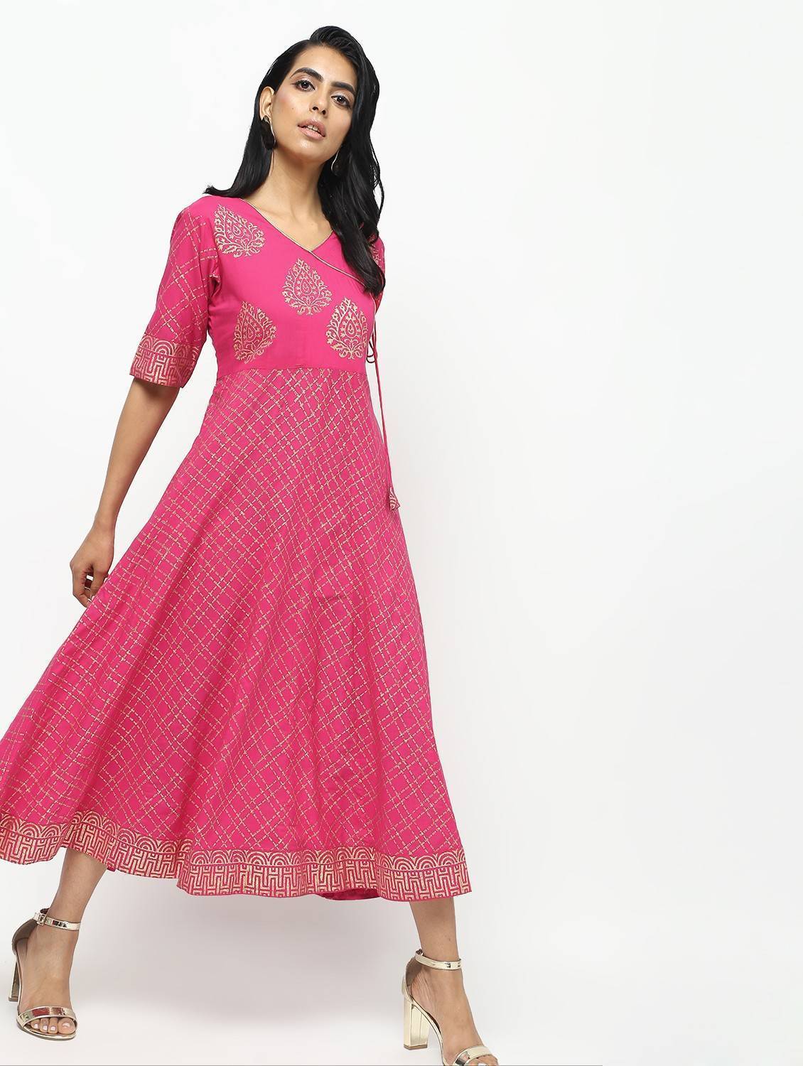 Women's Pink Angrakha Checkered Foil Printed Kurta With Doori Tassels