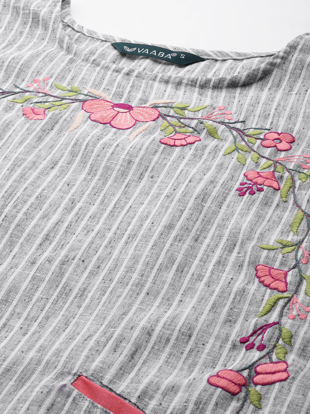 Women's Embroidered Cotton Blend Straight Kurta (Grey) - VAABA