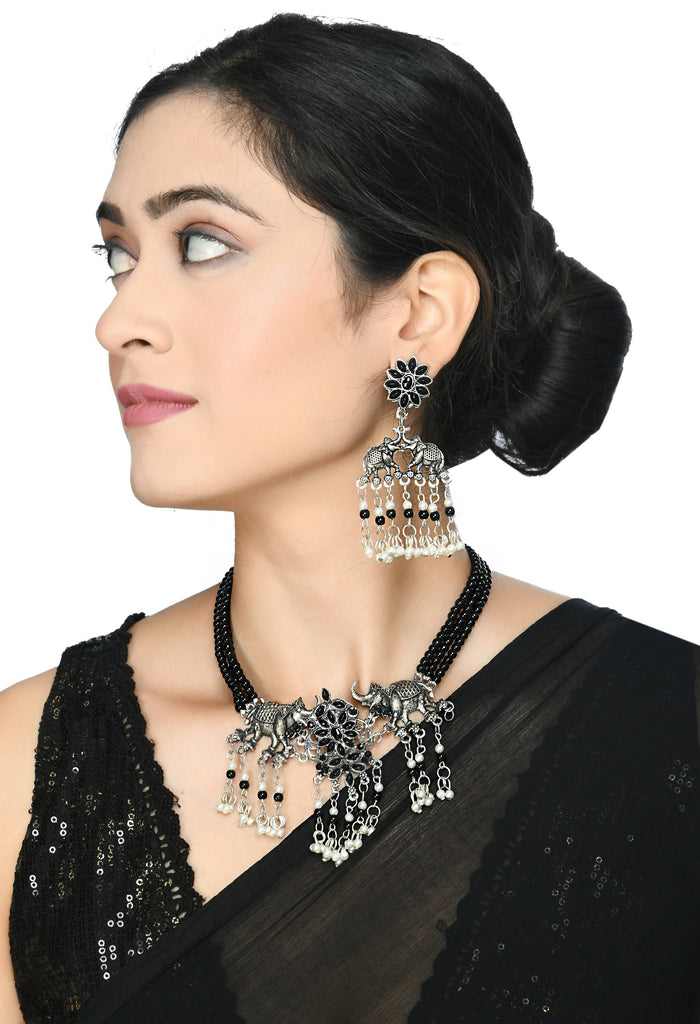 Trendia Silver-Plated Black Kundan Elephant design Necklac