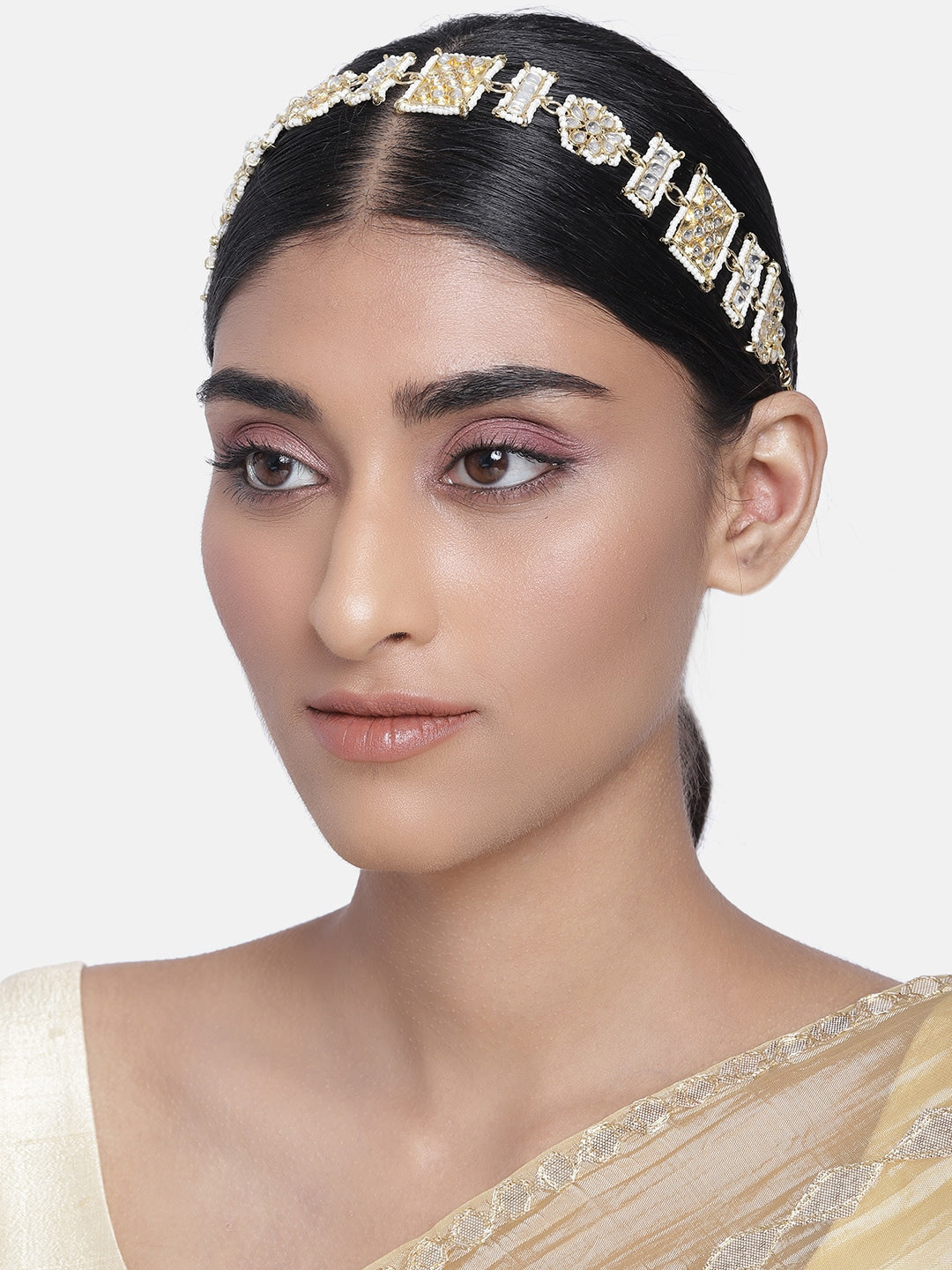 Women's 18k Gold Plated Floral Kundan Pearl Studde Sheeshpatti - I Jewels