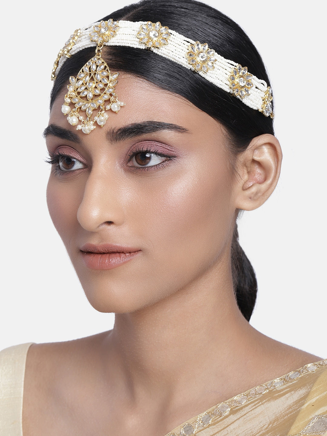 Women's 18k Gold Plated Floral Kundan Pearl Studde Sheeshpatti - I Jewels