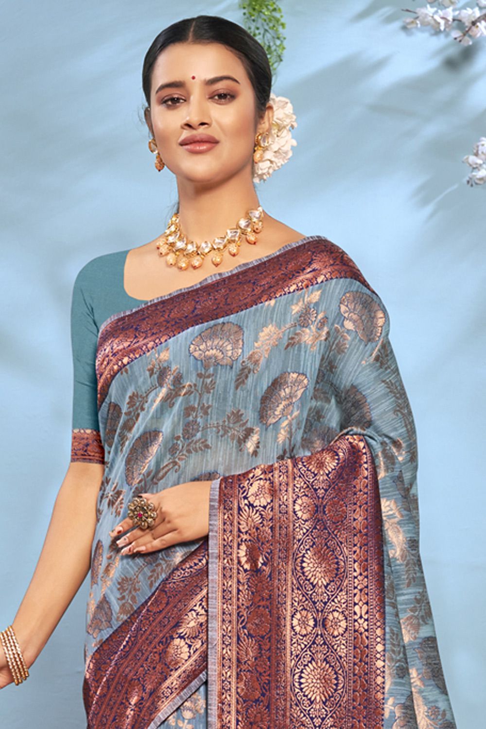 Women's Sky Blue Cotton Woven Zari Work Traditional Tassle Saree - Sangam Prints