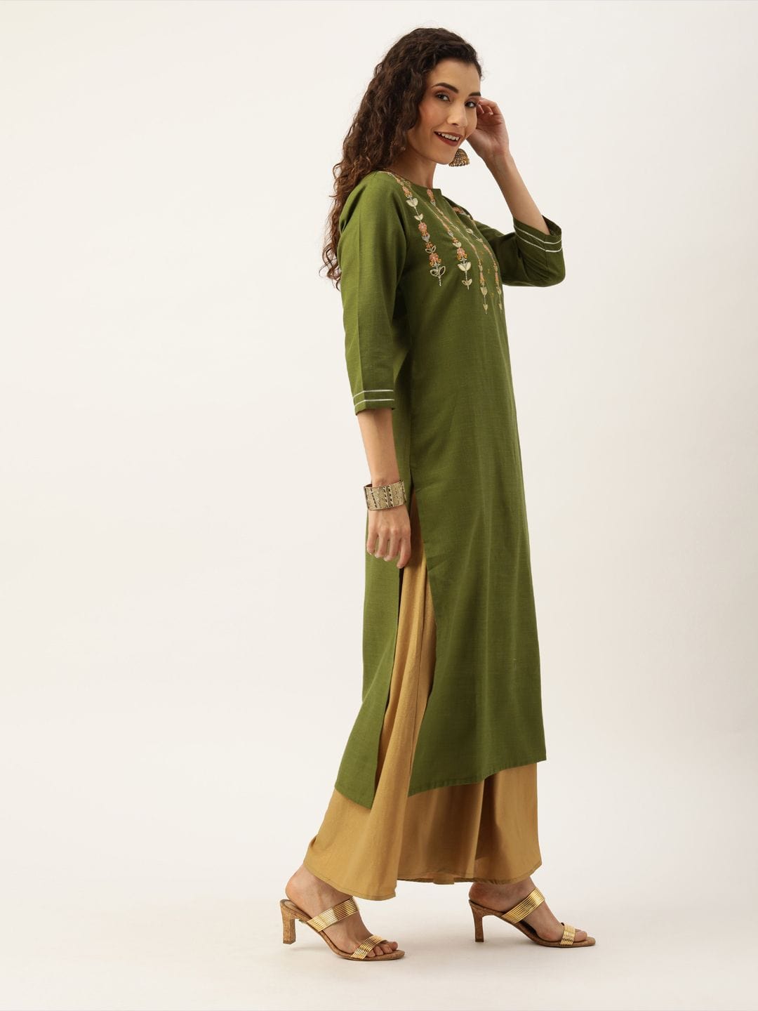 Women's Olive Green & Peach-Coloured Solid Straight Kurta With Embroidered Details - Varanga