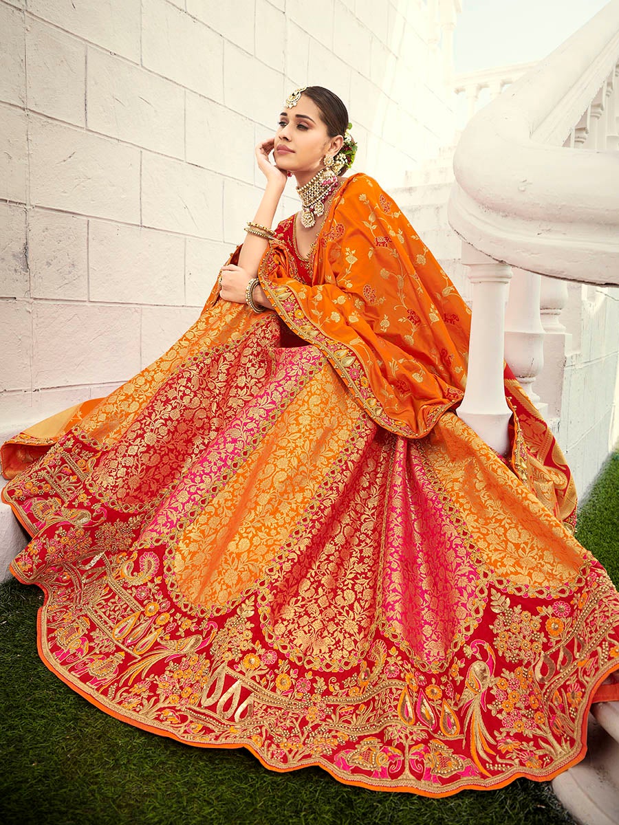 Women's Mustard Yellow and Red Fancy Fabric Party Wear Lehenga-Myracouture