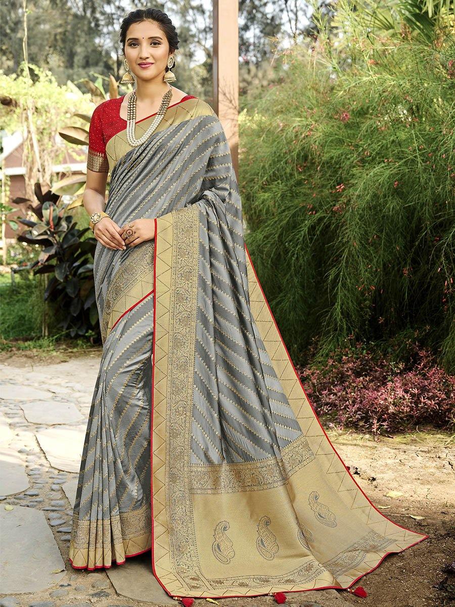 Women's Grey and Red Party Wear Silk Saree-Myracouture