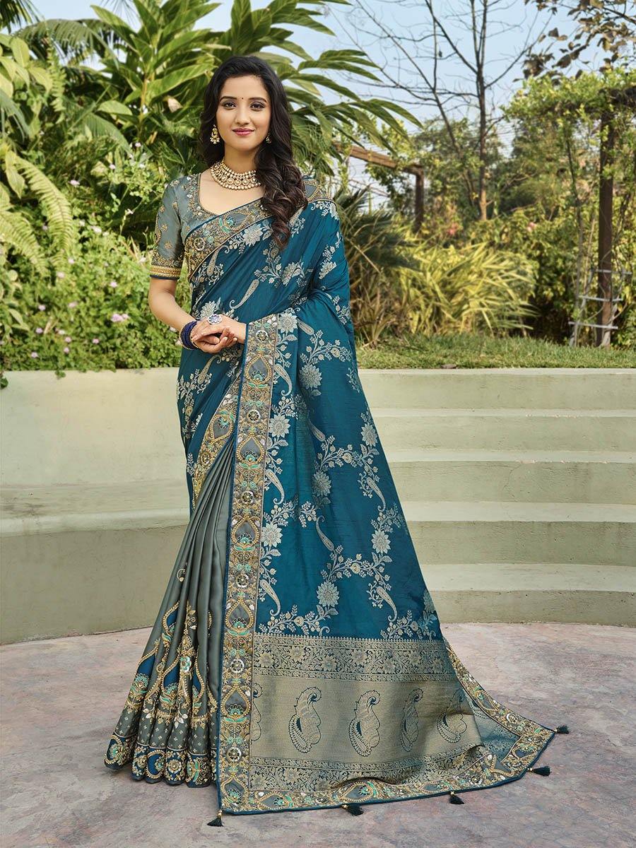Women's Teal Blue Silk Embroidered Saree-Myracouture