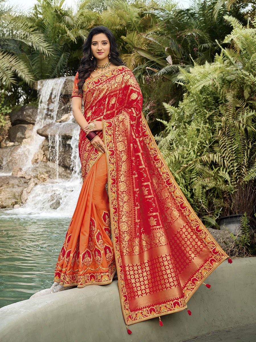 Women's Red & Orange Embroidered Weaving Saree-Myracouture