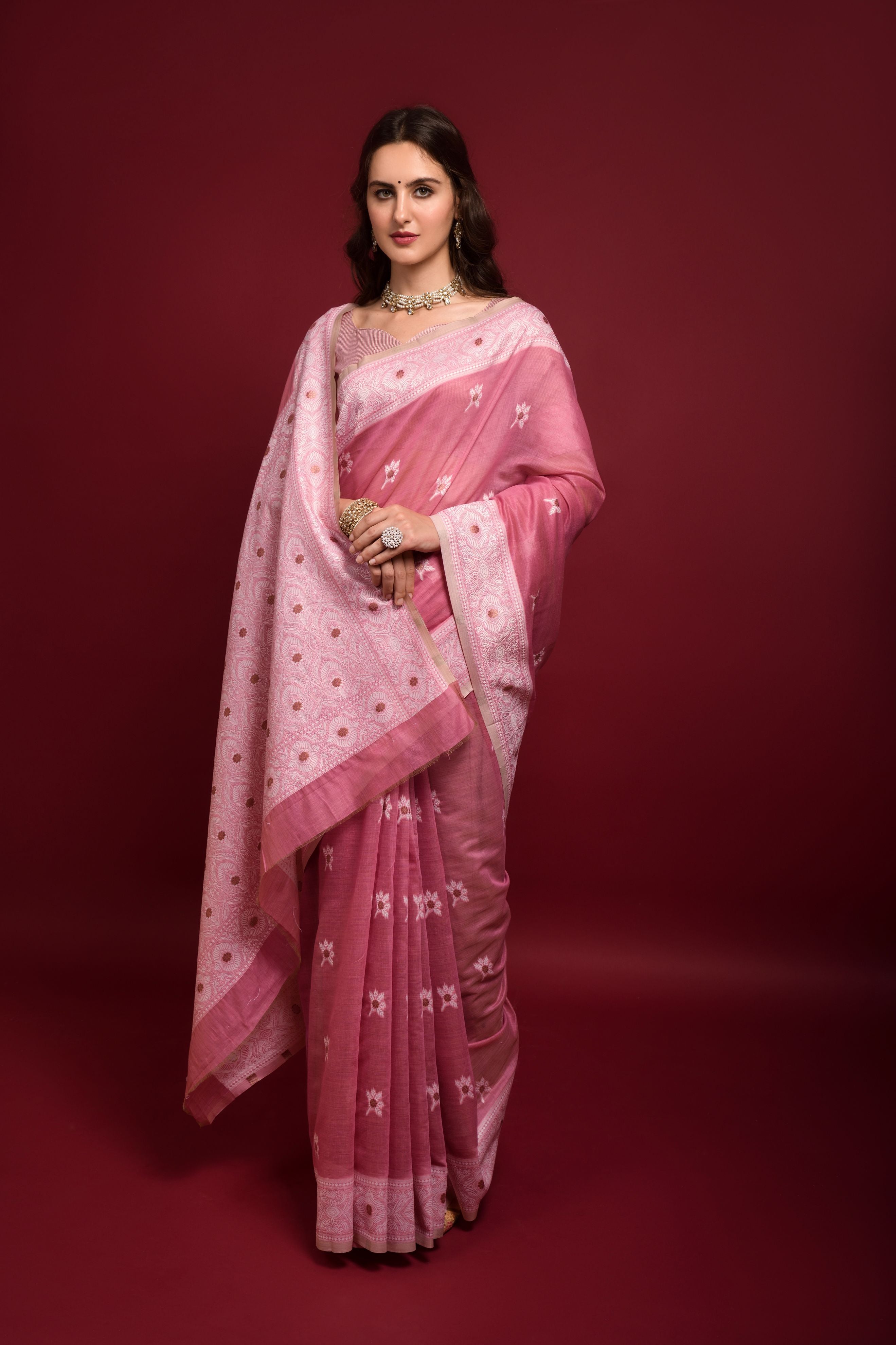 Women's Pink Lucknowi Work Pure Chanderi Saree - Vishnu Weaves