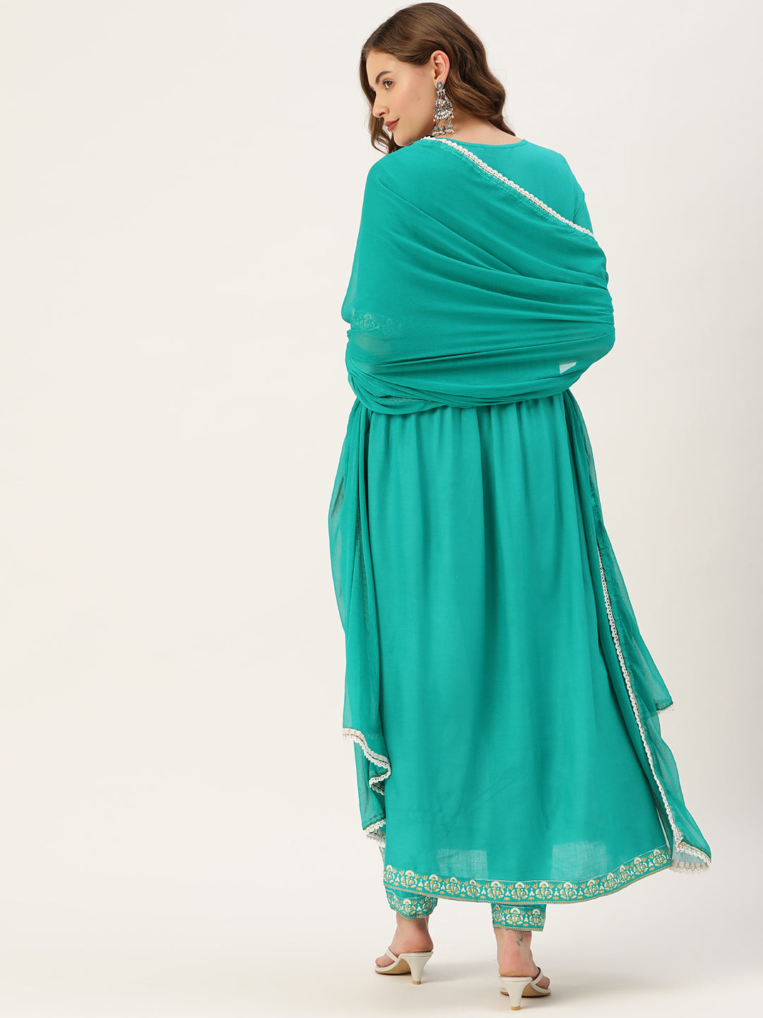Women's Rama Rayon Panelled Printed A-Line Kurta Trouser Set With Dupatta - VAABA