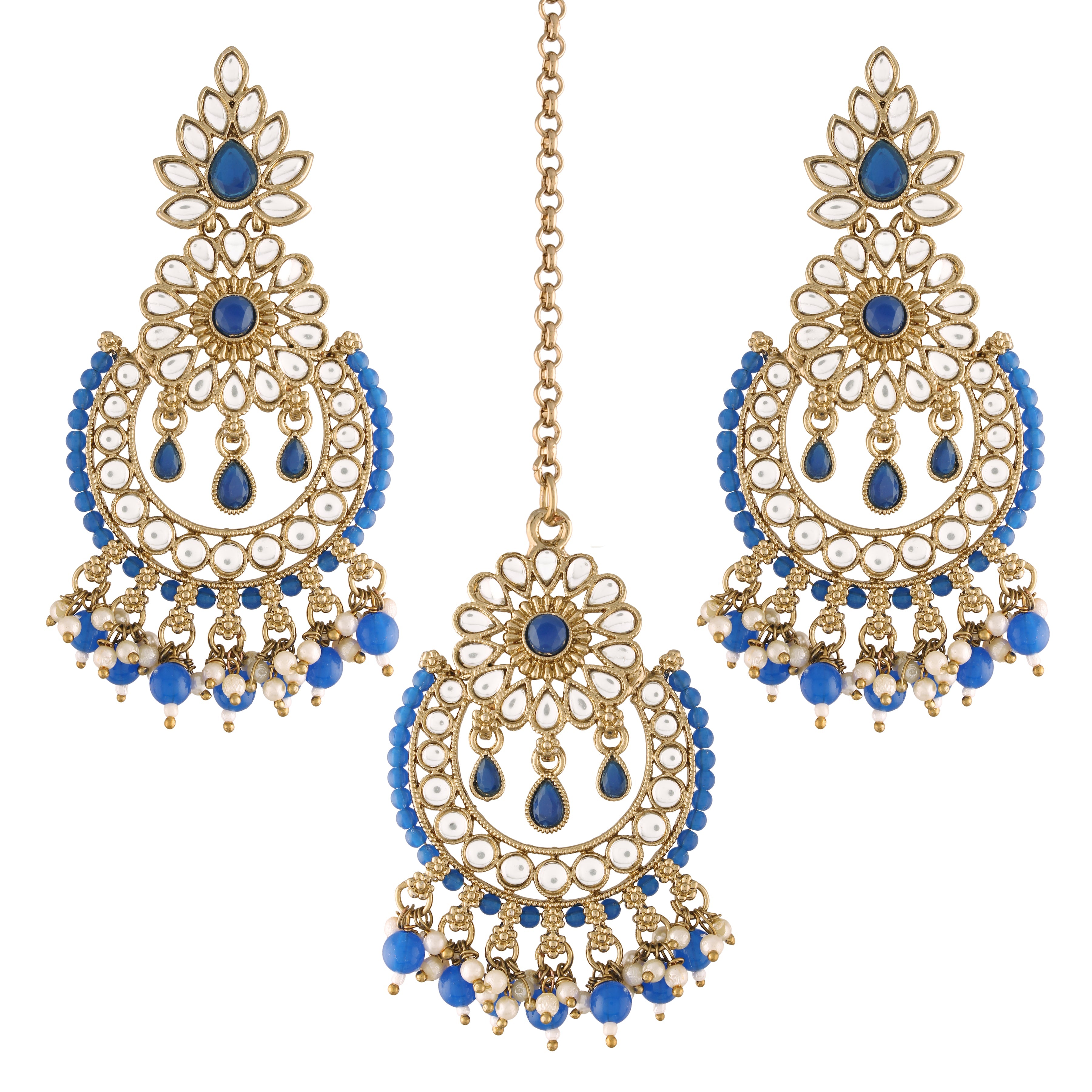Women's 18K Gold Plated Handcrafted Earrings With Maang Tikka Encased with Faux Kundan & Pearl - I Jewels