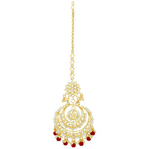 Women's Traditional Gold Plated Chandbali Kundan & Pearl Earring Set with Maang Tikka - I Jewels