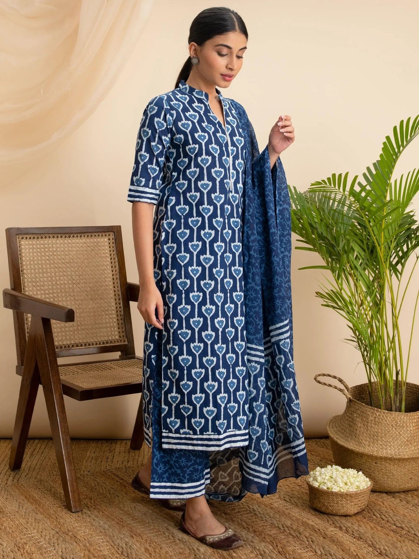 Women's Blue Flower Print Cotton Kurta Set Collection - Dwija Fashion