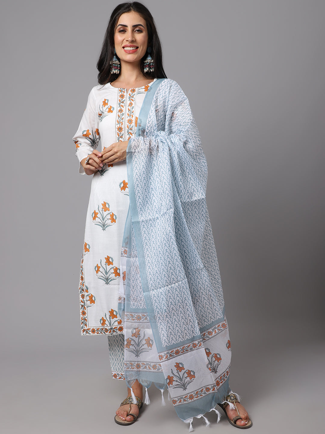 Women's White Printed Cotton Kurta Set Collection - Dwija Fashion