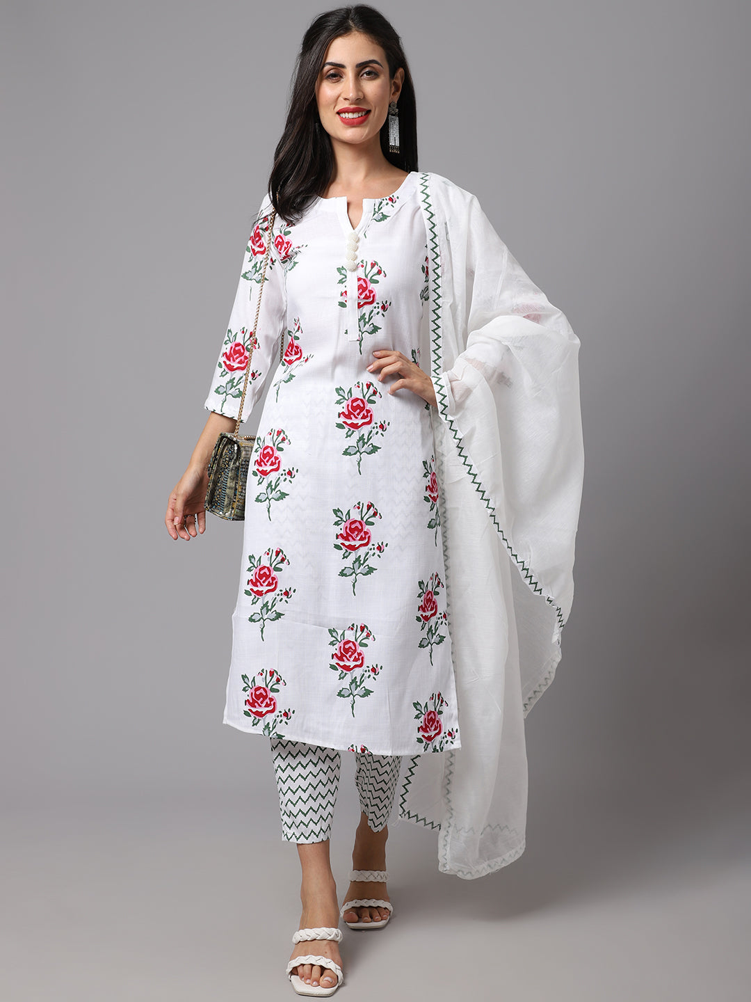 Women's White Printed Cotton Kurta Set Collection - Dwija Fashion