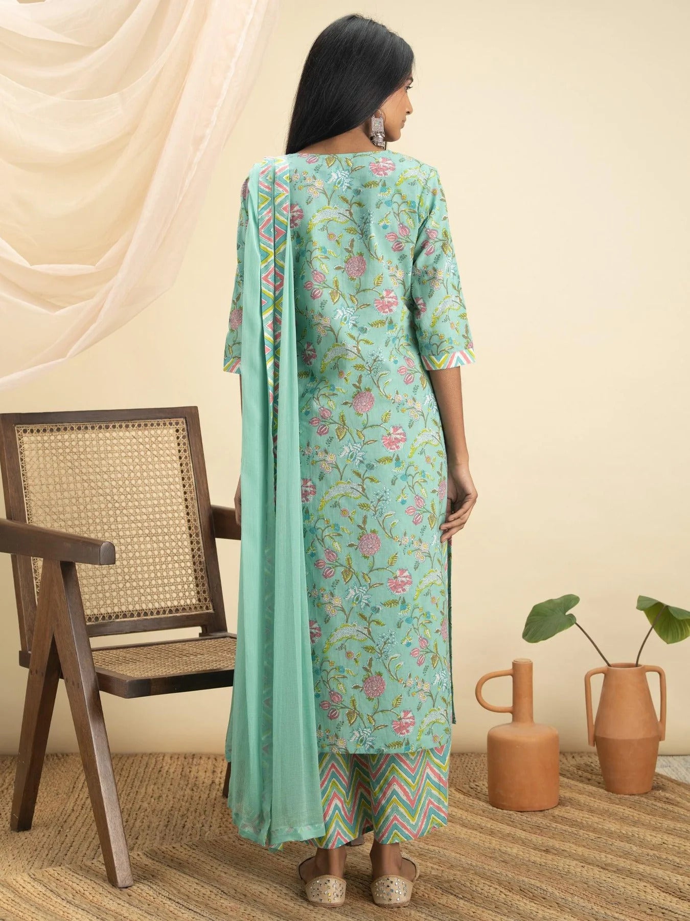 Women's Pista Flower Print Cotton Kurta Set Collection - Dwija Fashion