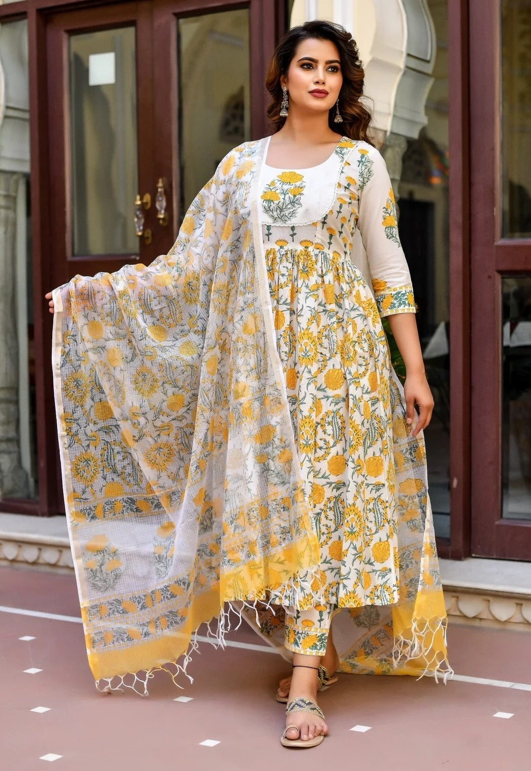 Women's Yellow Flower Print Cotton Kurta Set Collection - Dwija Fashion