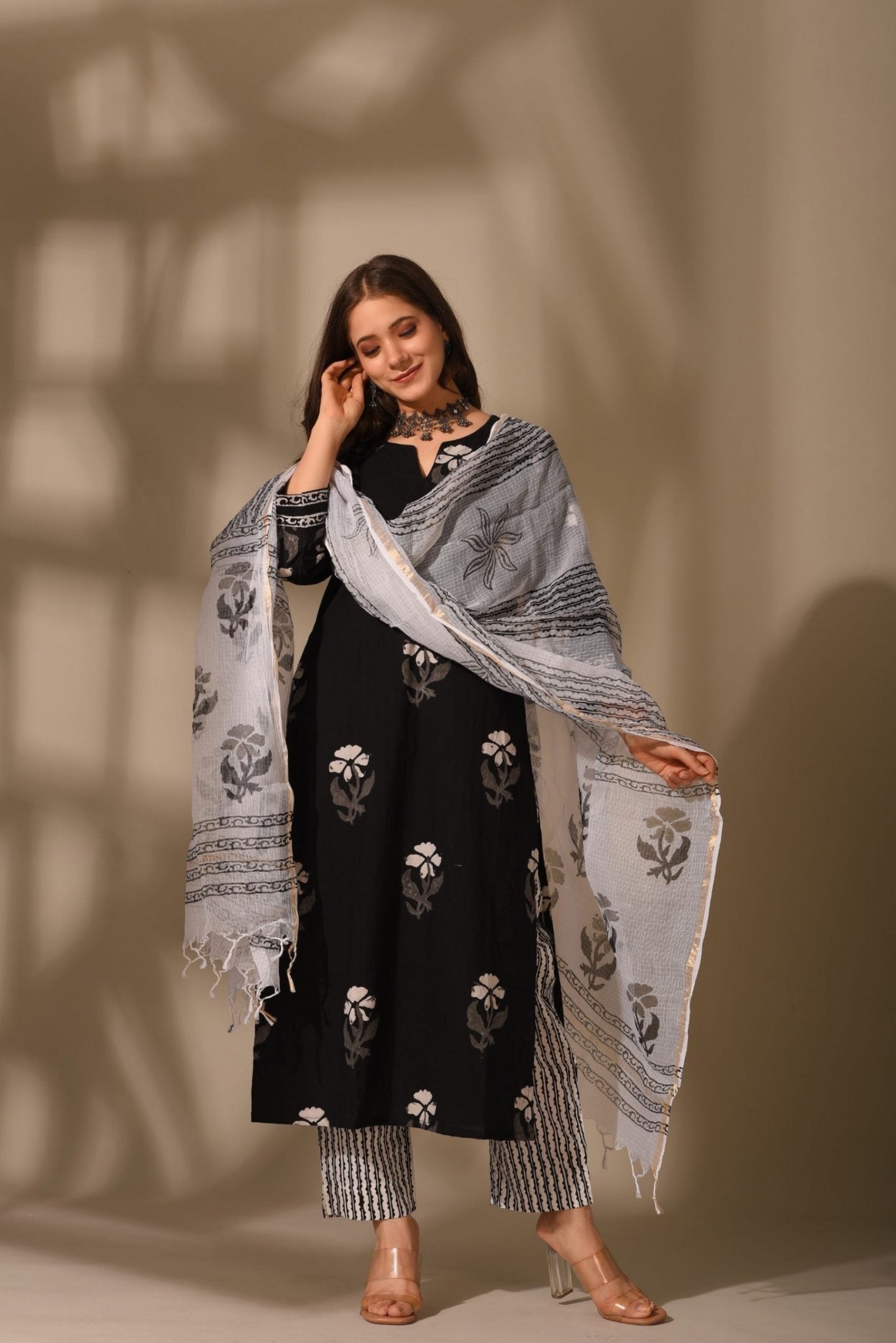 Women's Black Flower Print Cotton Kurta Set Collection - Dwija Fashion