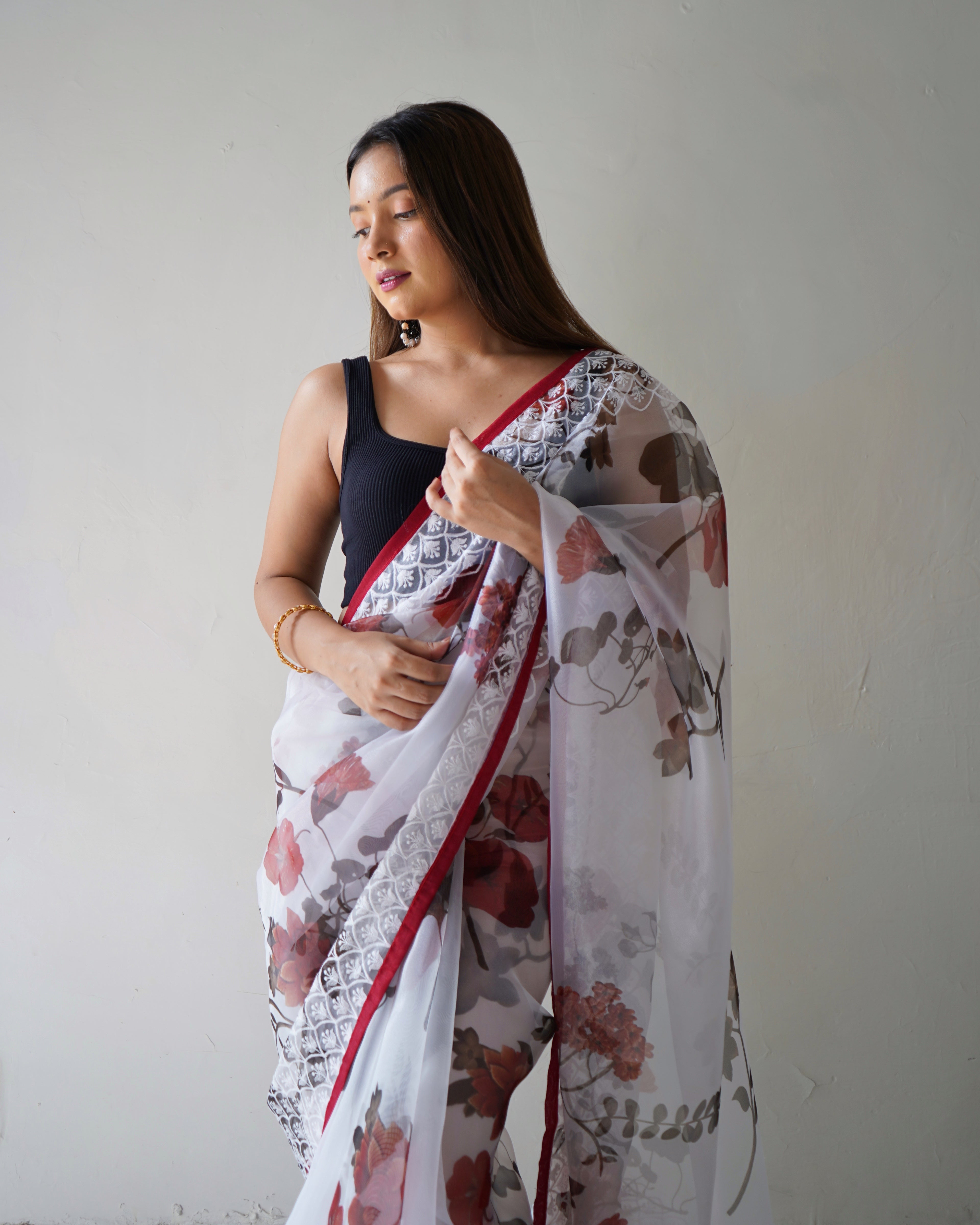 Women's White Embroidery Saree - VAMSEE