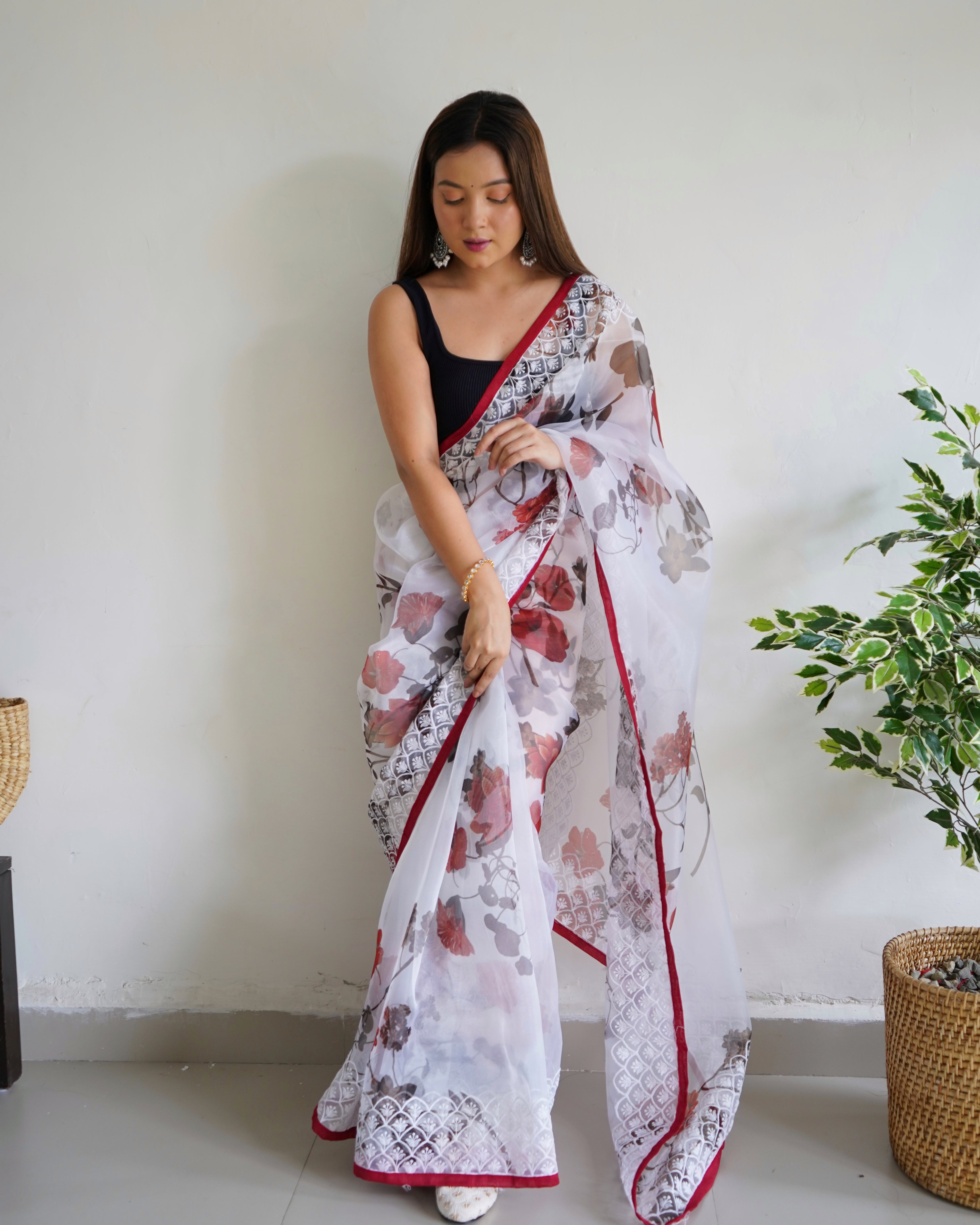 Women's White Embroidery Saree - VAMSEE