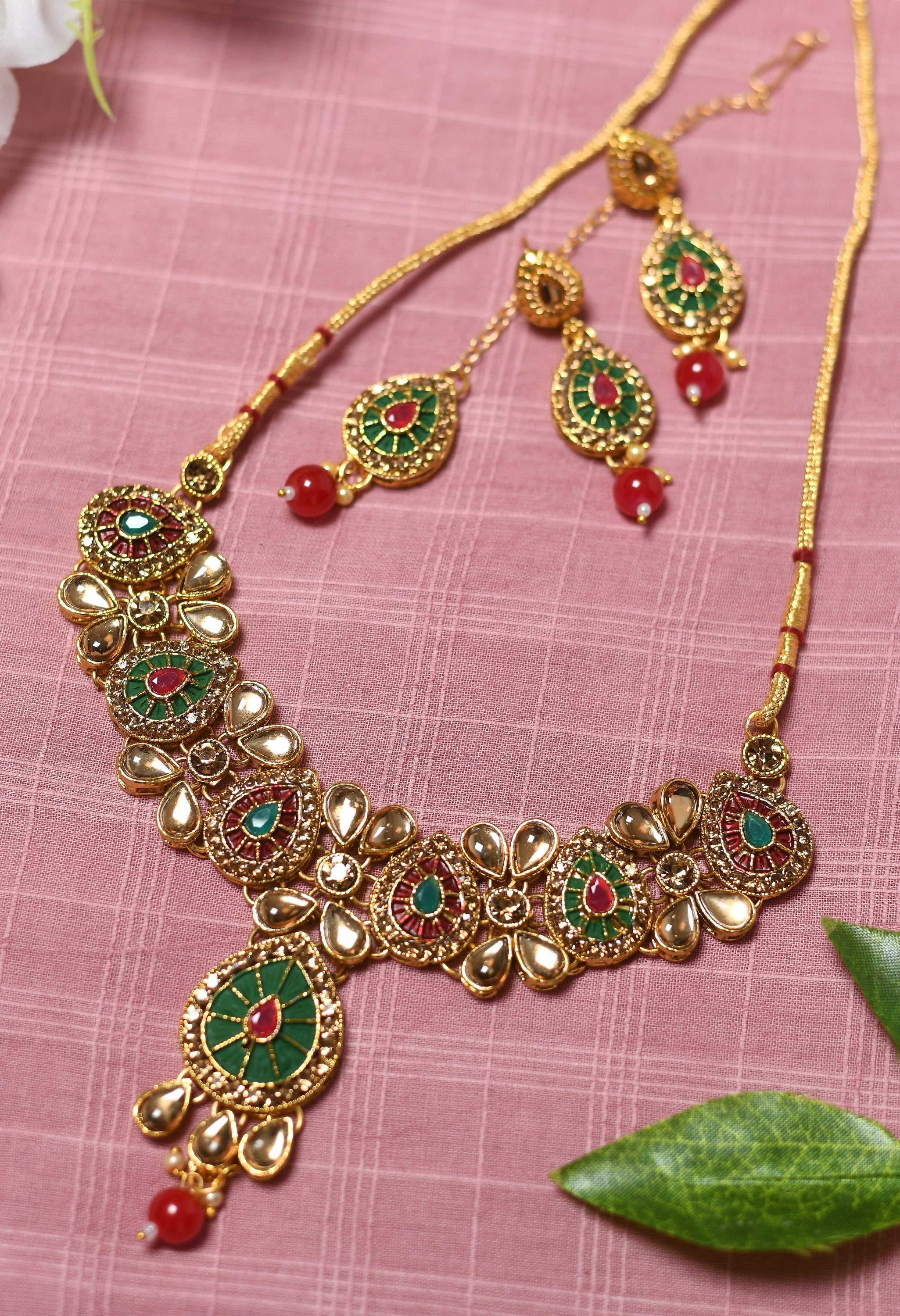 Women's Golden Plated Multi Colour Necklace With Earring And Tika  - Tehzeeb