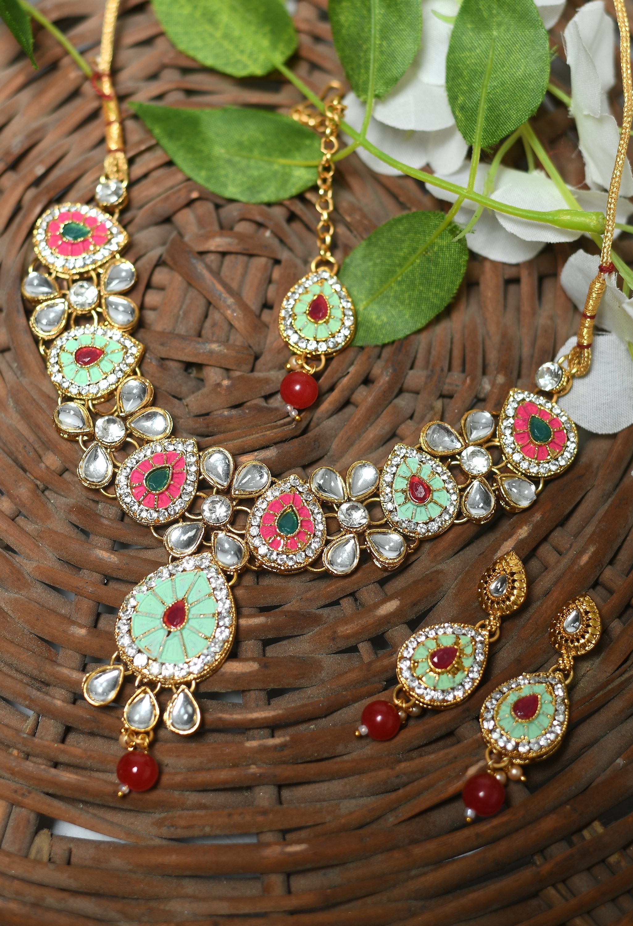 Women's Multi Colour Necklace And Earrings With Stone And Pearl Work - Tehzeeb