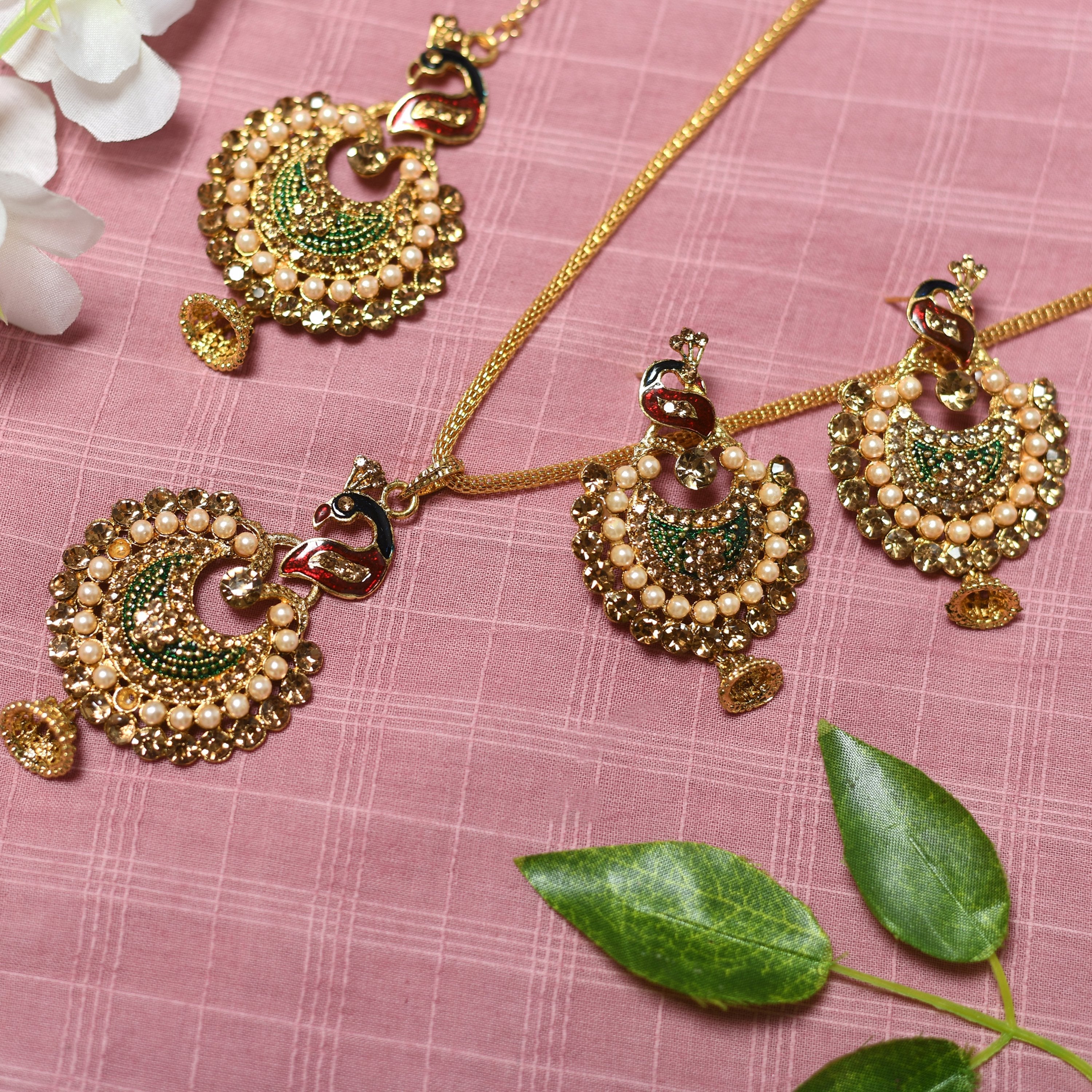 Women's Peacock Design Multi Colour Chain Pendent And Earrings With Stone And Pearl Studded - Tehzeeb
