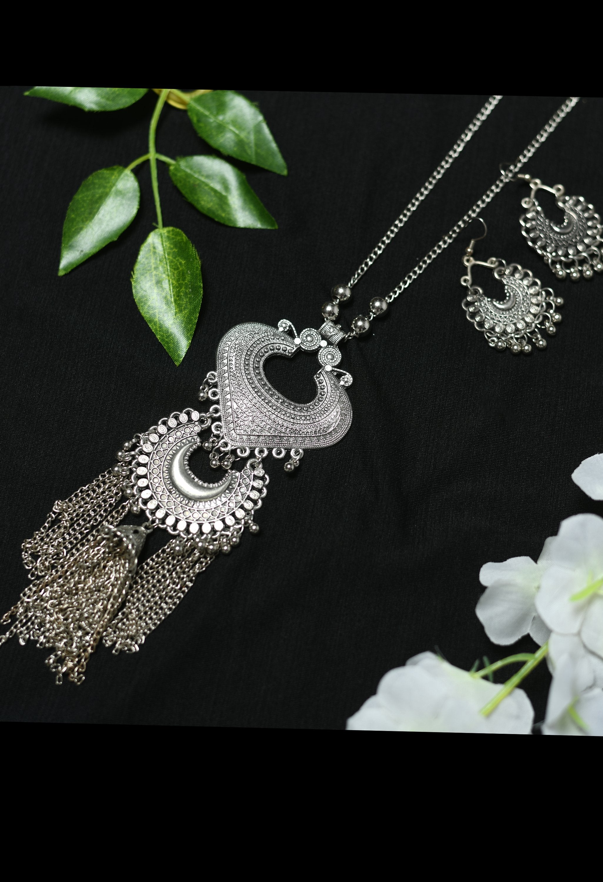 Women's Silver Colour Oxidized Necklace With Ghunghru And Chain Style   - Tehzeeb