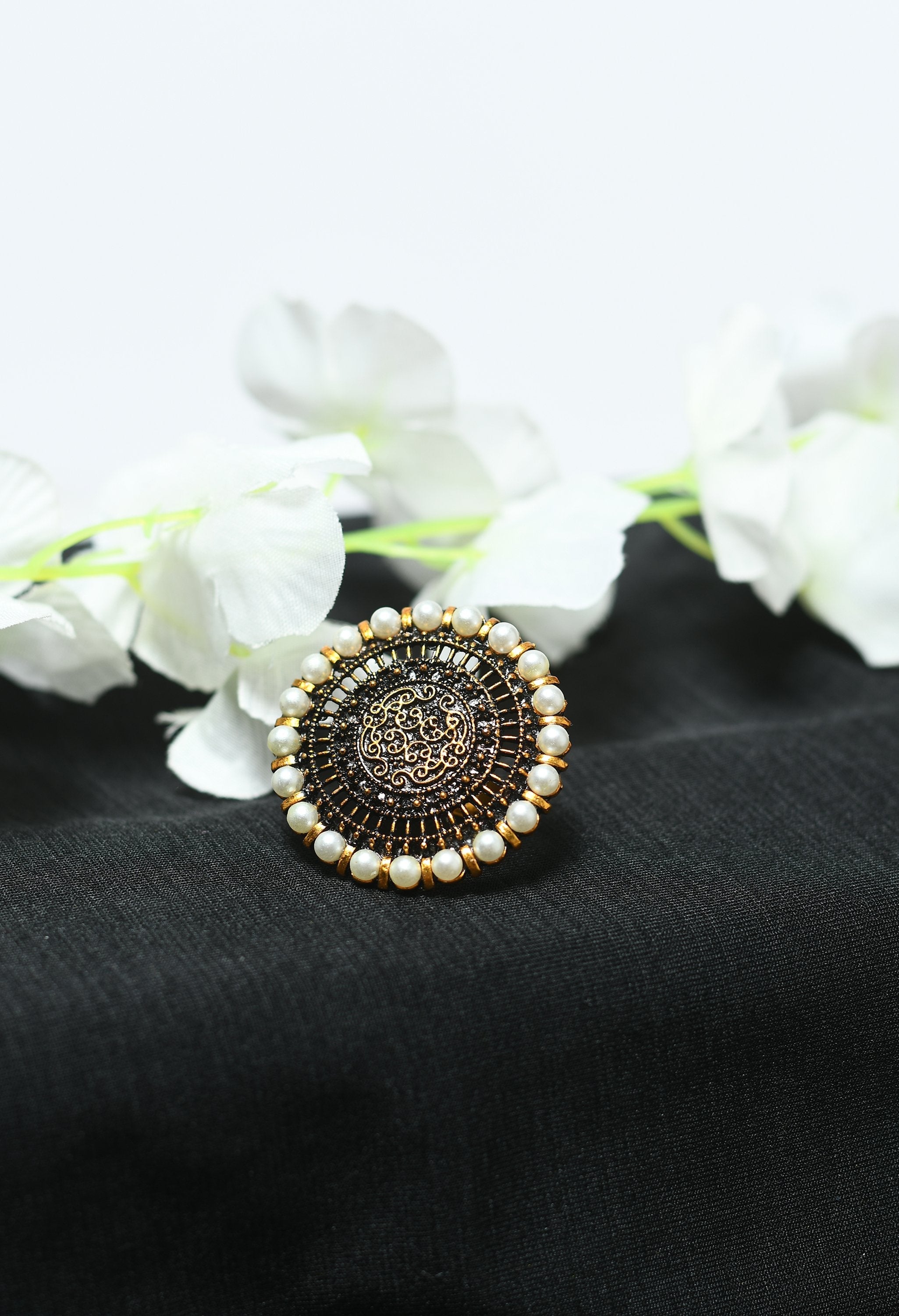 Women's Beautiful Ring With White Pearl And Golden Plating  - Tehzeeb