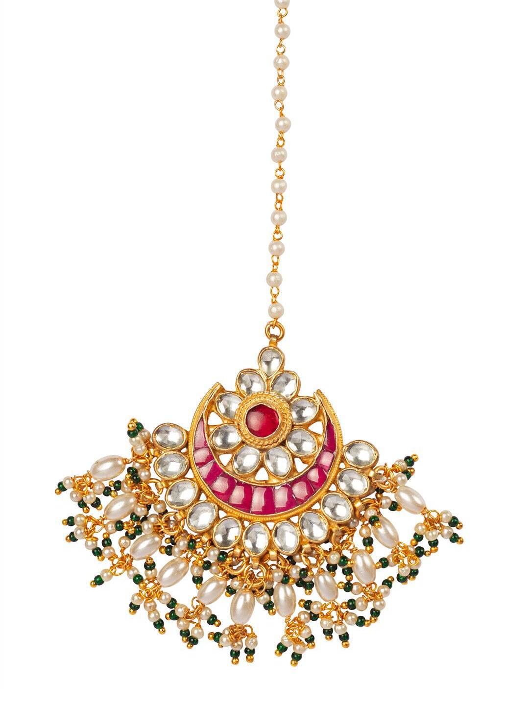 Women's Gold-Plated Pink & Off-White Kundan-Studded Beaded Handcrafted Maang Tikka - Morkanth