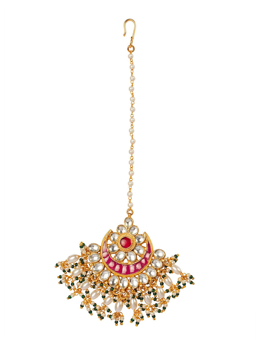 Women's Gold-Plated Pink & Off-White Kundan-Studded Beaded Handcrafted Maang Tikka - Morkanth