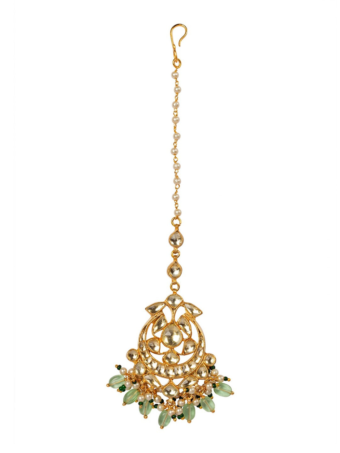 Women's Gold-Plated Off-White & Green Kundan-Studded Beaded Handcrafted Maang Tikka - Morkanth