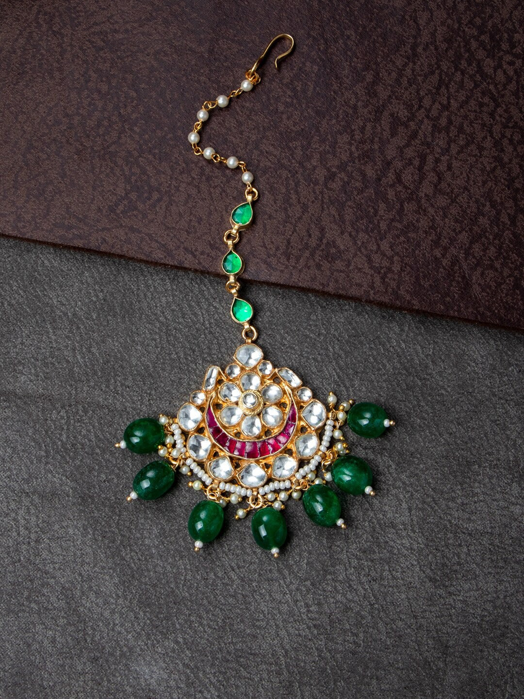Women's Gold-Plated Green & White Kundan-Studded Beaded Handcrafted Maang Tikka - Morkanth