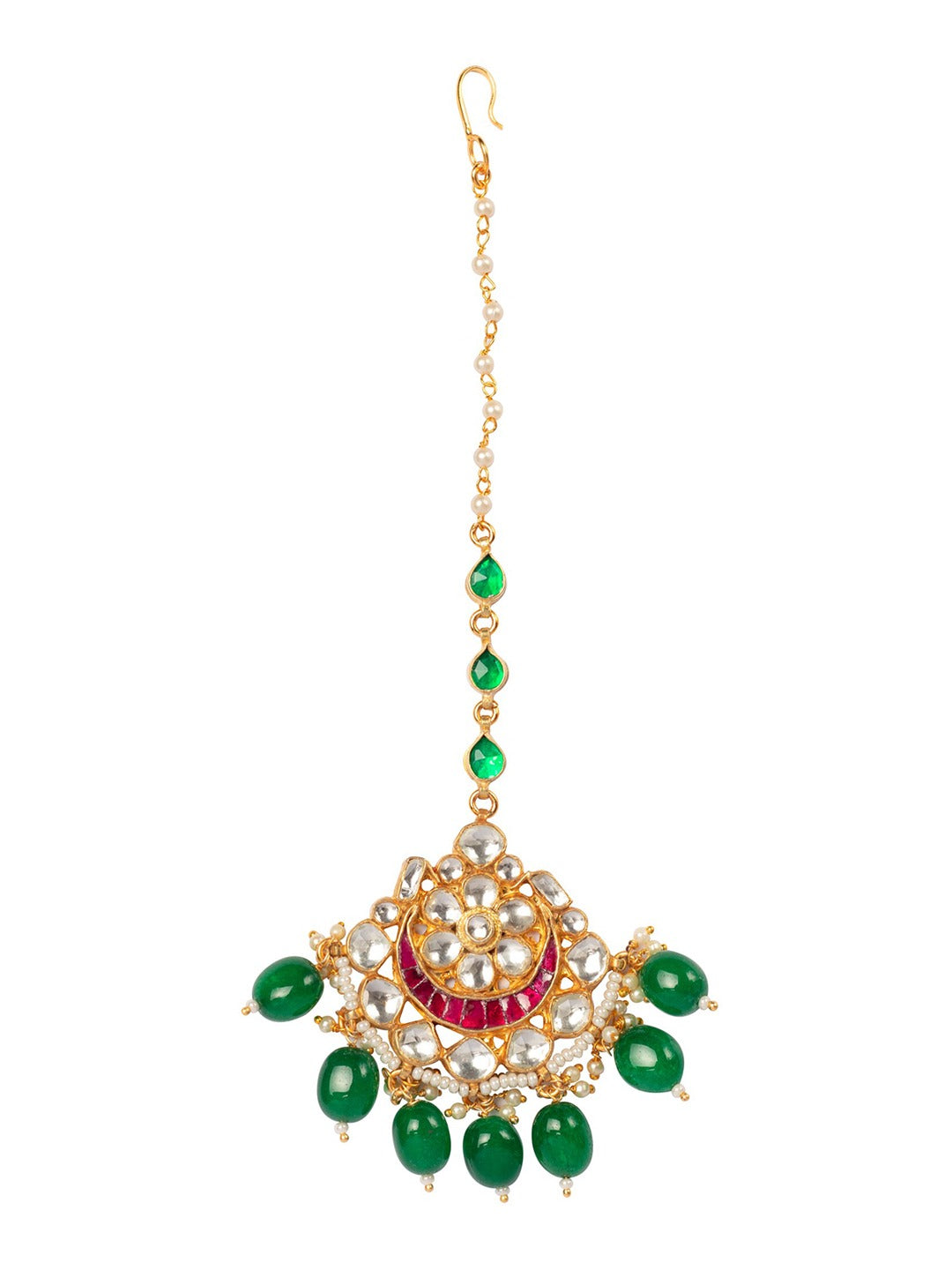 Women's Gold-Plated Green & White Kundan-Studded Beaded Handcrafted Maang Tikka - Morkanth