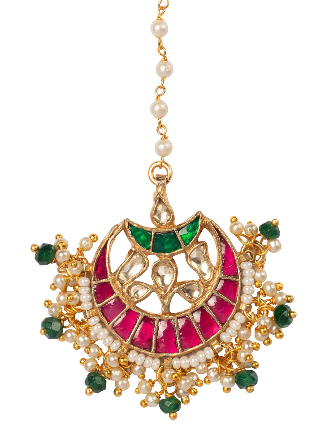 Women's Gold-Plated Pink & Green Kundan-Studded Beaded Maang Tikka - Morkanth