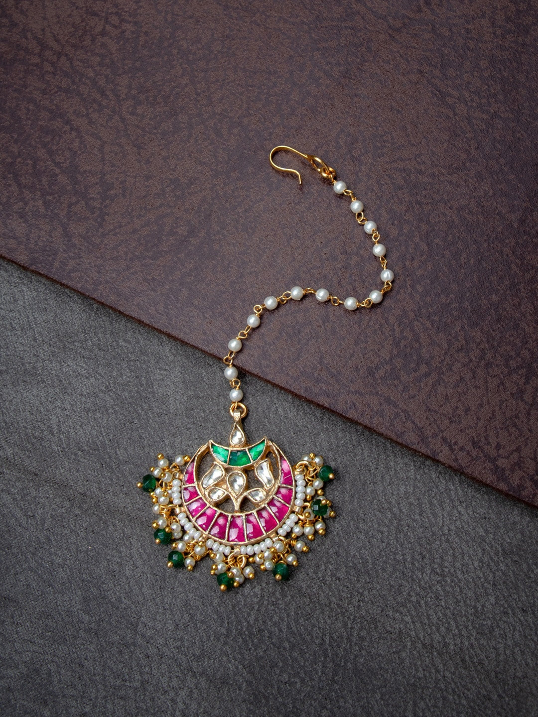 Women's Gold-Plated Pink & Green Kundan-Studded Beaded Maang Tikka - Morkanth