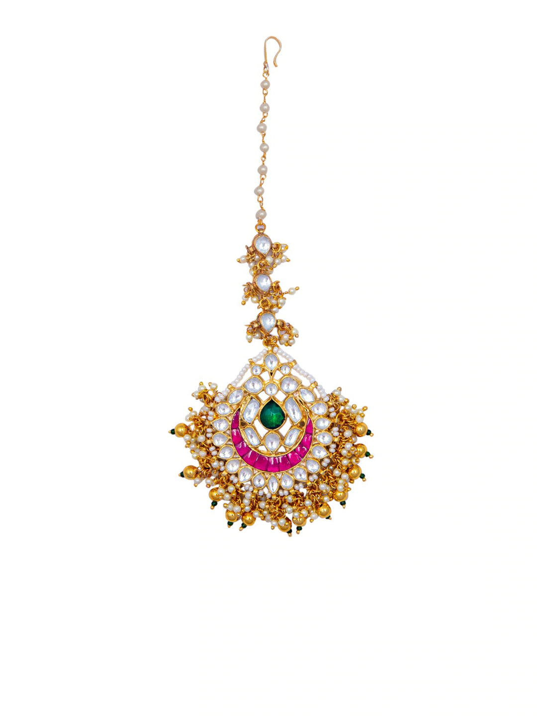 Women's Gold-Plated White & Pink Kundan & Stone-Studded Pearl Handcrafted Maang Tikka - Morkanth