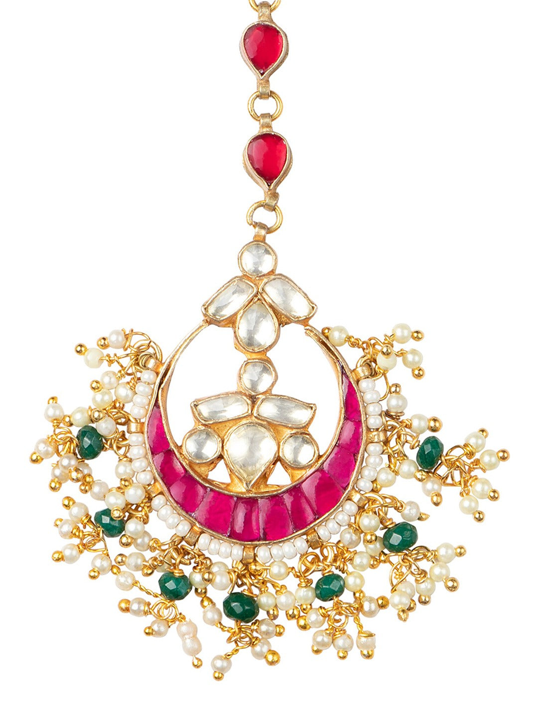 Women's Gold-Plated Pink & Green Kundan Studded And Beaded Handcrafted Maang Tikka - Morkanth