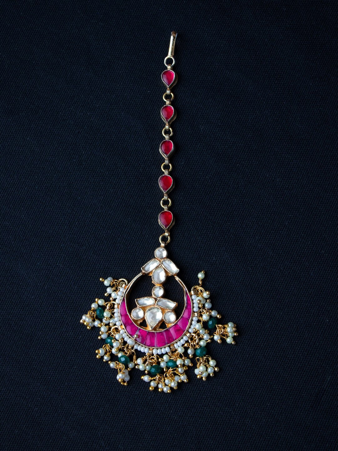 Women's Gold-Plated Pink & Green Kundan Studded And Beaded Handcrafted Maang Tikka - Morkanth
