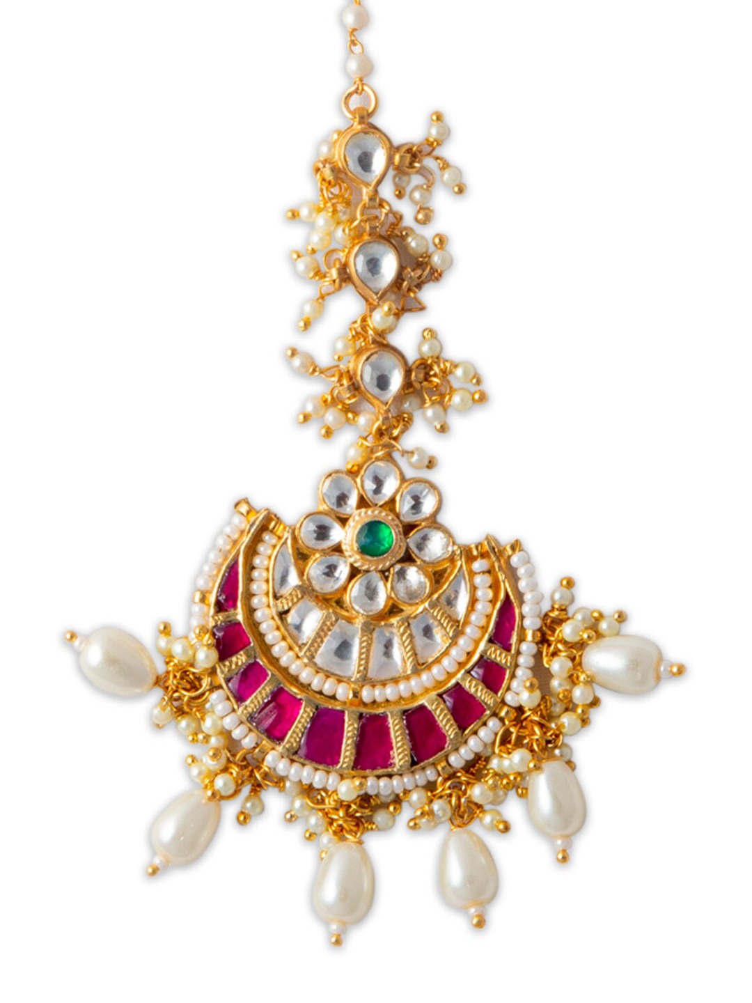 Women's Gold-Plated & Pink Pachi Kundan Stone-Studded Handcrafted Maang Tikka - Morkanth