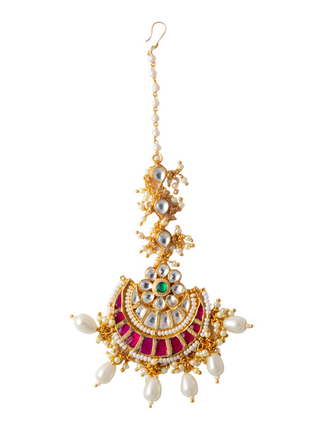Women's Gold-Plated & Pink Pachi Kundan Stone-Studded Handcrafted Maang Tikka - Morkanth
