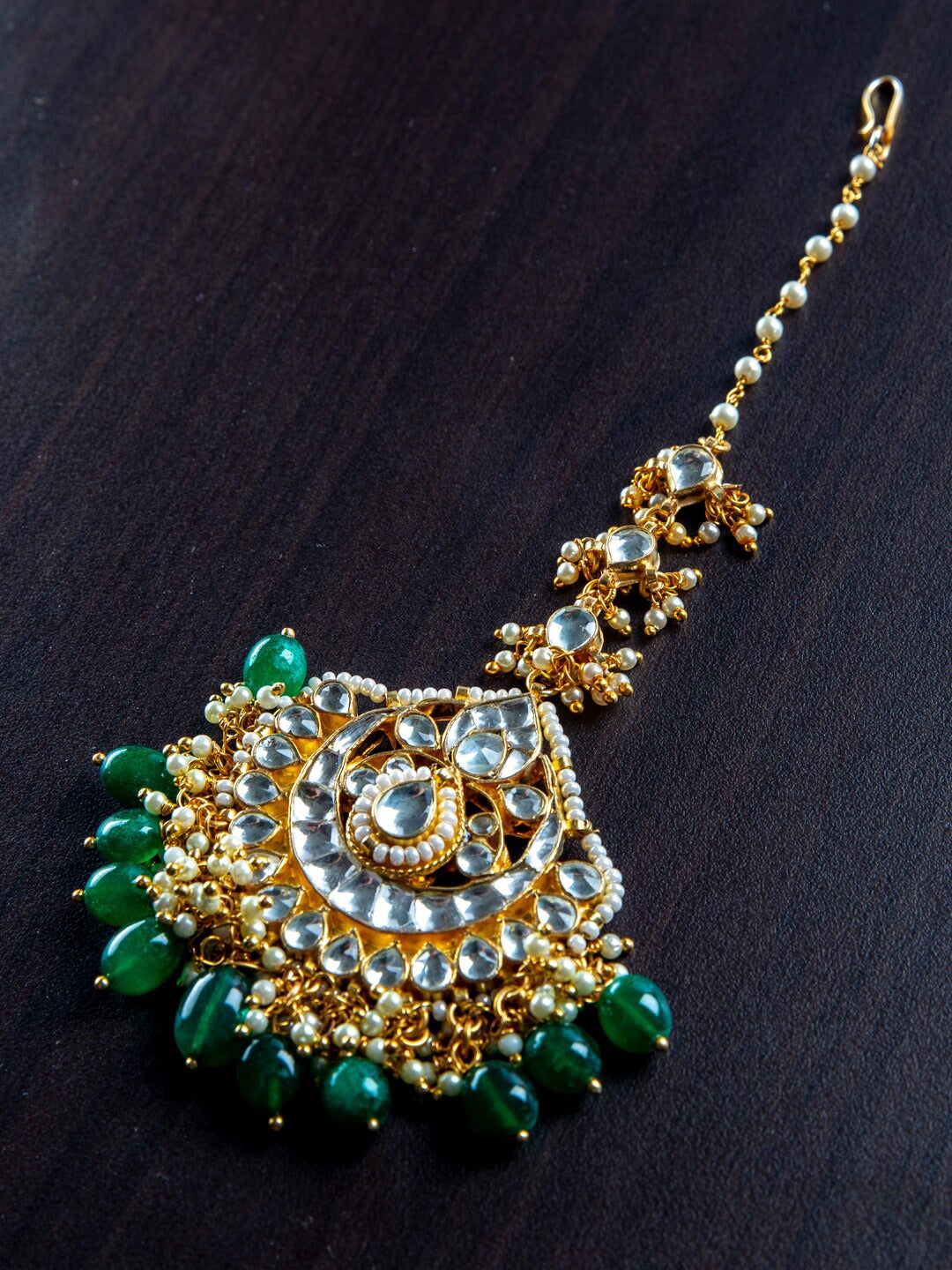 Women's Gold-Plated White & Green Kundan-Studded Pearl Beaded Handcrafted Maang Tikka - Morkanth
