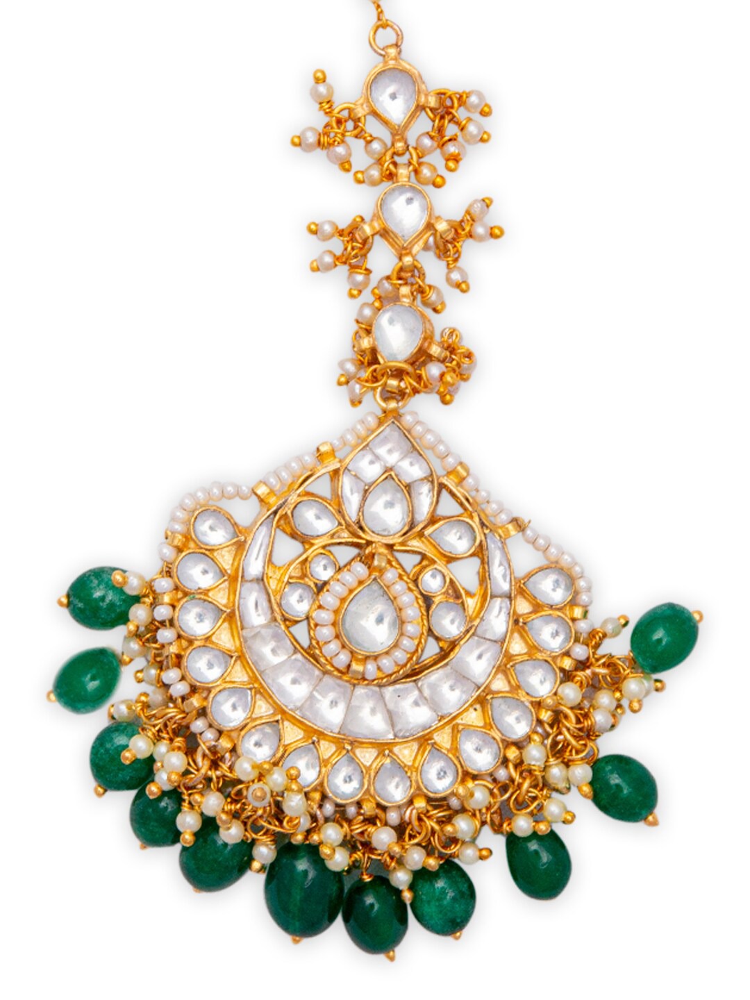 Women's Gold-Plated White & Green Kundan-Studded Pearl Beaded Handcrafted Maang Tikka - Morkanth