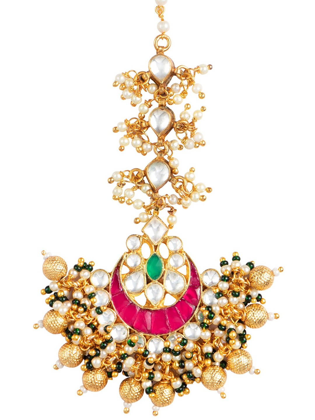 Women's 24K Rose Gold-Plated White & Pink Pacchi Kundan Studded Handcrafted Maang Tikka - Morkanth