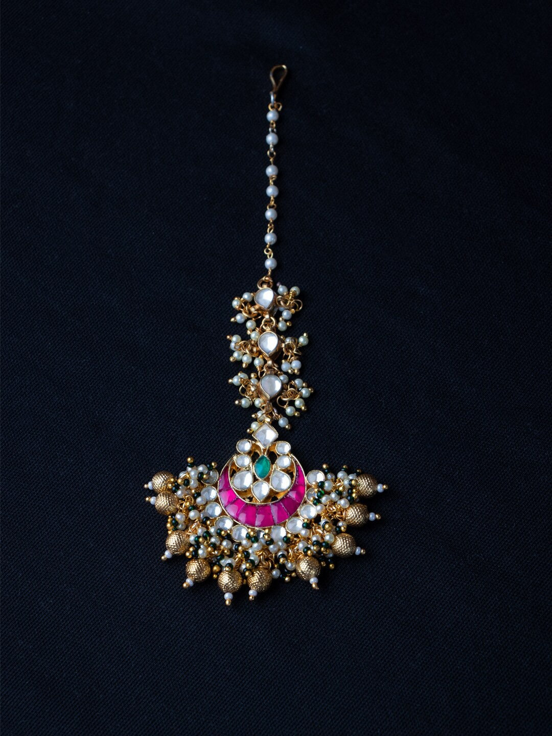 Women's 24K Rose Gold-Plated White & Pink Pacchi Kundan Studded Handcrafted Maang Tikka - Morkanth