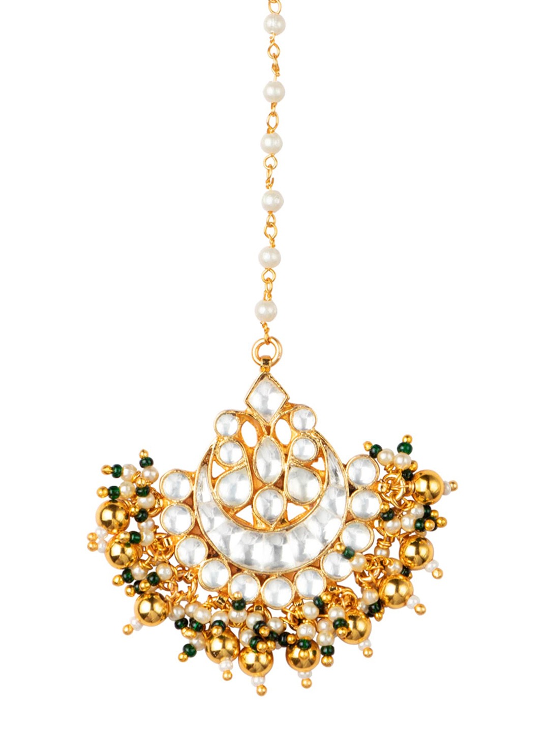Women's 4K Gold-Plated White & Green Pacchi Kundan Studded Handcrafted Maang Tikka - Morkanth